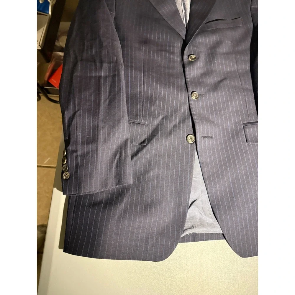 Ralph Ralph Lauren Mens Pinstripe Suit Navy Blue Wool 3 Button Blazer 42R 33x33
